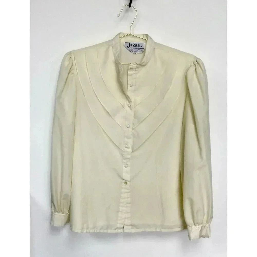 Vintage Joyce Womens Ivory Puff Sleeve‎ Ruffle Frill Button Front Blouse Size 18